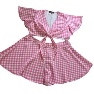 Pink Gingham 2 Piece Set 2X Plus Retro Tie Front Crop Top Shorts Set Pin Up